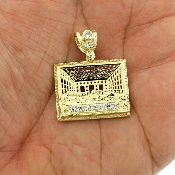 Real 10K Yellow Gold Diamond Cut Jesus Last Supper Charm Pendant - Picture 2 of 8